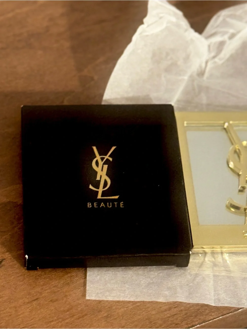 Rare!Yves Saint Laurent Gold Logo Compact Mirror with Black Case